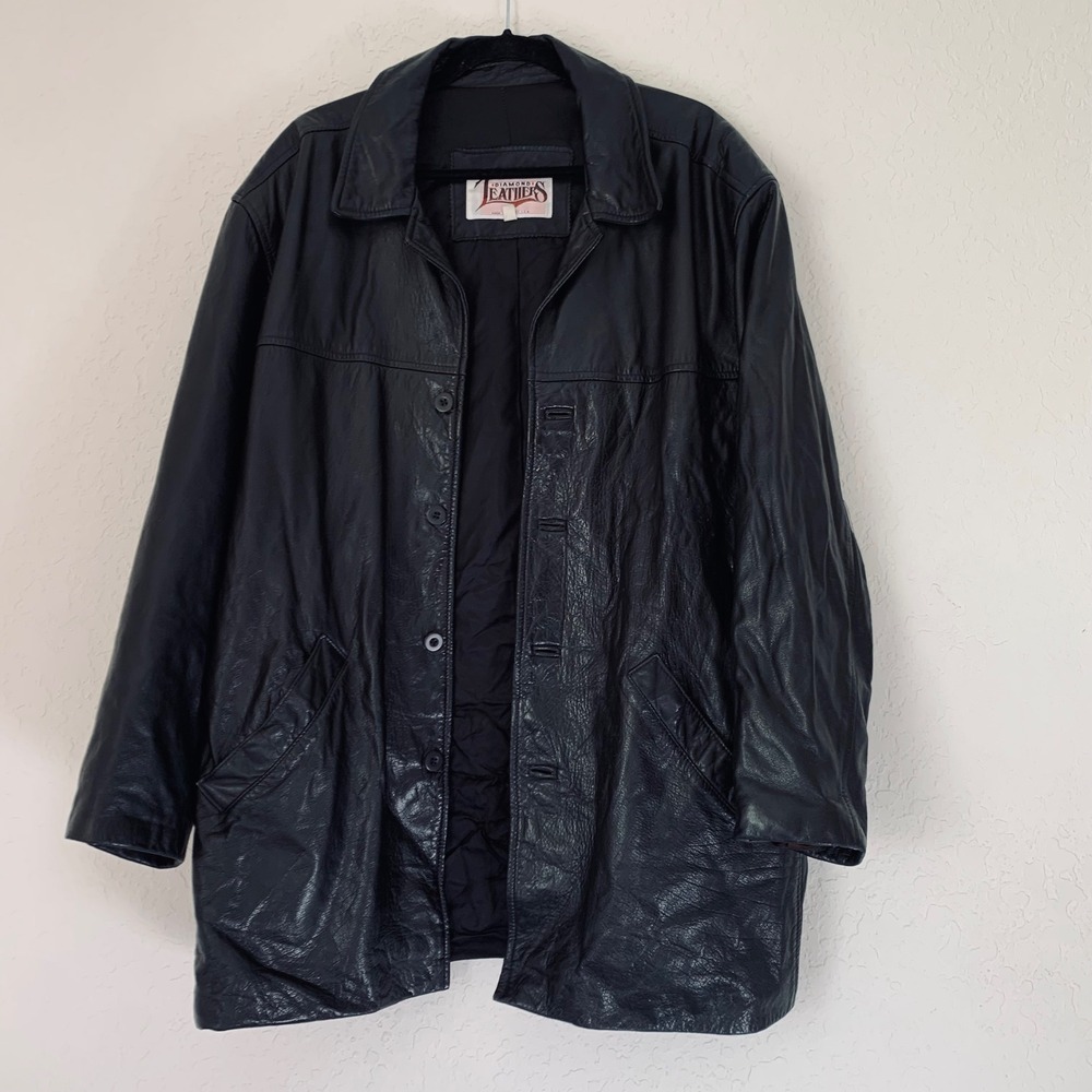 Diamond Leathers Black Genuine Leather Jacket Mens XL‎ Button Vintage USA Grunge